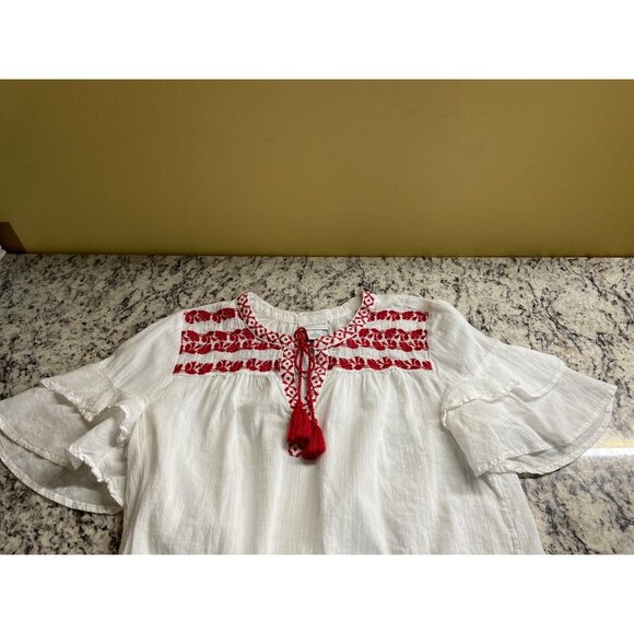 Liz Claiborne Boho Chic White  Red Embroidered Tassel Peasant Blouse - Picture 3 of 7